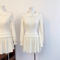 批发实物实拍  少女套装2.0 娃娃领针织衫女<b class='q'>秋</b>冬季A字百褶裙纯欲套装