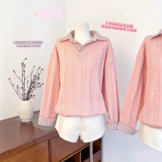 批发实物实拍 韩系粉色假两件毛衣女秋<b class='q'>冬</b>衬衫拼接内搭针织衫上衣<b class='q'>冬</b>季