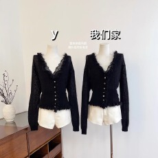 批发实物实拍 马海毛羊毛深灰荷叶边<b class='q'>开衫</b>毛衣女蕾丝拼接设计感上衣