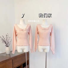 批发实物实拍 羊毛甜美蝴蝶结毛衣女收腰粉色针织衫上衣秋<b class='q'>冬</b>