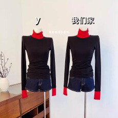 批发实物实拍 拼色<b class='q'>高领</b>修身针织长袖T恤女显瘦<b class='q'>打底衫</b>黑色上衣