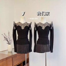 批发实物<b class='q'>实拍</b> 蕾丝拼接一字肩长袖<b class='q'>衬衫</b>镂空性感纯欲上衣秋冬打底衫