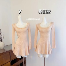 批发实物实拍 玉软香柔方领蕾丝边内搭针织<b class='q'>长袖</b>连衣<b class='q'>裙</b>女秋冬修身短<b class='q'>裙</b>