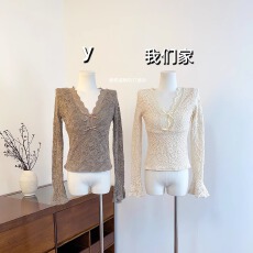 批发实物实拍 蝴蝶结喇叭长袖T恤女春季气质蕾丝衫打底显瘦内搭上衣