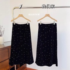 批发实物实拍 黑色波点a字加绒半身裙女<b class='q'>冬</b>季高腰新款百搭长款裙子