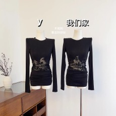 批发实物实拍 黑色<b class='q'>不规则</b>拼接<b class='q'>针织衫</b>女修身蕾丝镂空莱赛尔上衣