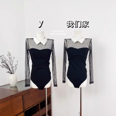 批发实物实拍【魔女特蕾莎】<b class='q'>波点</b>透视连体衣长袖修身翻领拉链<b class='q'>衬衫</b>