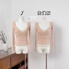 批发实物实拍 V领<b class='q'>打底衫</b>内搭长袖T恤女冬掐腰上衣+蕾丝边<b class='q'>吊带</b>