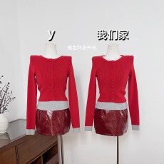 批发实物实拍 复古红假两件上衣休闲风早春季时尚气质<b class='q'>针织</b><b class='q'>开衫</b>毛衣