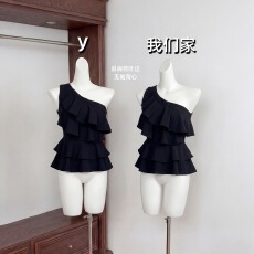 批发实物实拍 【候鸟<b class='q'>森林</b>】斜肩荷叶边露肩上衣收腰性感不规则吊带
