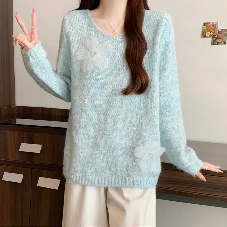 비즈 플라워 장식 V넥 니트 상세 이미지 24