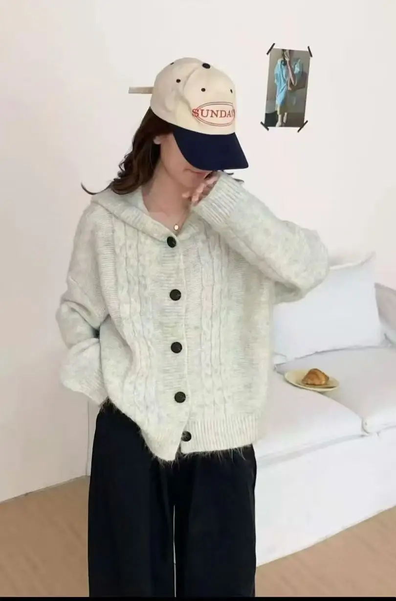 후드 케이블 니트 카디건 상세 이미지 3