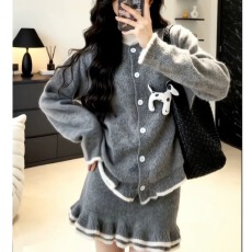 批发巨好看的冬装搭配一整套小香风木耳边毛衣开衫针织半身裙<b class='q'>两件套</b>装