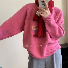 批发韩系圆领减龄水果蛋糕提花毛衣女2024秋冬新款慵懒厚实软糯针织衫