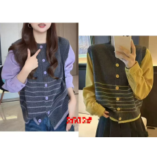 批发设计感假两件拼接条纹毛衣针织开衫女秋冬新款慵赖风减龄百搭上衣