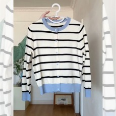 批发小香风条纹氛围感穿搭针织开衫女早秋设计感外穿韩系<b class='q'>短款</b>上衣外套