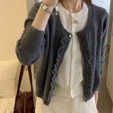 批发2026韩系早秋新款秋假两件木耳边设计高腰显瘦百搭气质毛衣