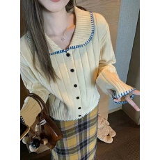 批发式复古藏蓝色翻领毛衣女内搭打底小个子短款针织开衫上衣