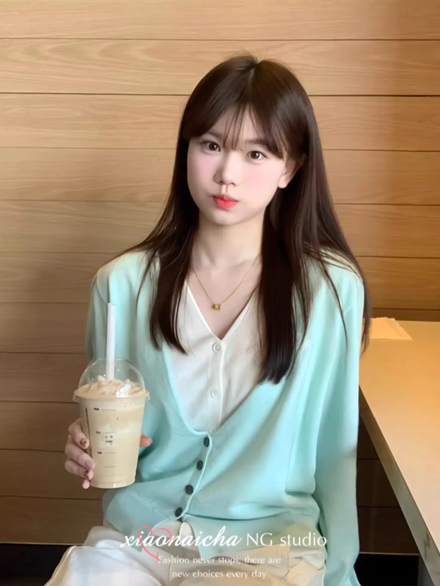 한국인기 민트그린 레이어드 V넥 가디건 상세 이미지 5