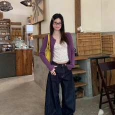 批发宋正恩紫色针织<b class='q'>开衫</b>女早春新款韩系修身短款百搭时尚辣妹上衣外套