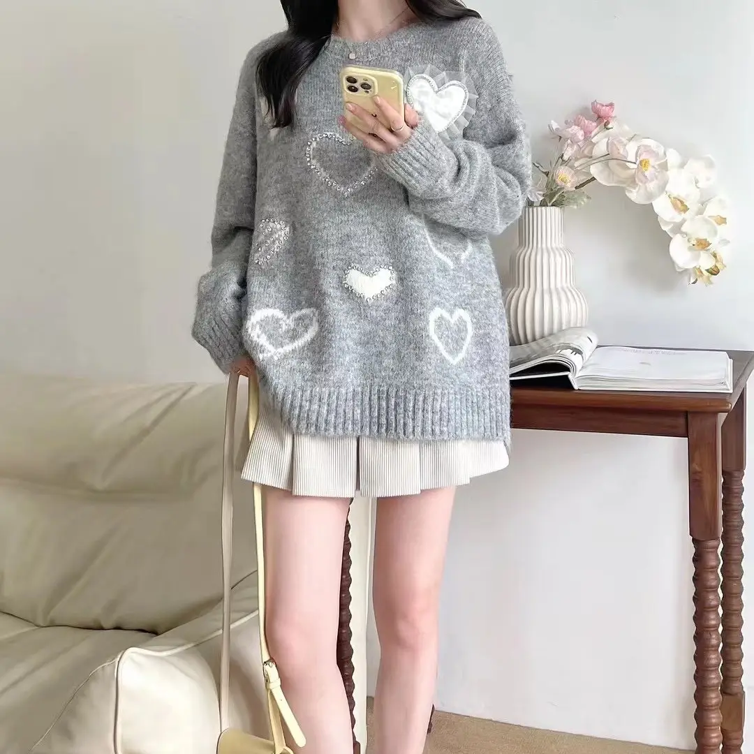 하트 패턴 루즈 니트 상세 이미지 3
