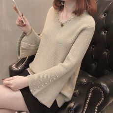 批发V领毛衣女2026春<b class='q'>秋</b>新款短款喇叭袖打底衫长袖百搭时尚大码针织衫