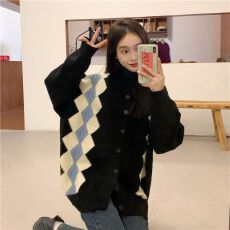 批发复古菱格毛衣外套大码新款慵懒设计小众显瘦宽松<b class='q'>针织</b><b class='q'>开衫</b>中长上衣