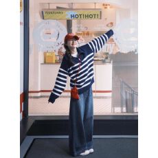 批发法式翻领条纹长袖毛衣女2025秋季宽松慵懒风套头半拉链针织衫上衣