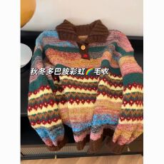 批发美式复古POLO套头条纹毛衣秋<b class='q'>冬</b>新款拼色宽松百搭慵懒针织衫上衣女