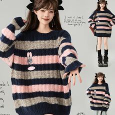 批发美式刺绣兔子条纹套头针织<b class='q'>毛衣</b>女秋冬加厚外穿韩系宽松慵懒风上衣