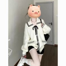 批发法式慵懒海军韩系针织长袖开衫翻领秋冬设计宽松<b class='q'>休闲</b>百搭毛衣<b class='q'>外套</b>