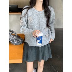 批发立体蝴蝶结灰色圆领毛衣外套女春秋新款软糯外穿<b class='q'>宽松</b>短款针织开衫