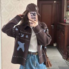 提花翻领拉链毛衣费尔岛秋冬针织宽松开衫慵懒外套上衣秋季