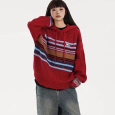 批发复古学院风条纹情侣<b class='q'>毛衣</b>女秋冬慵懒<b class='q'>宽松</b>套头连帽针织衫