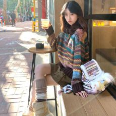 批发复古彩色条纹提花<b class='q'>毛衣</b>女秋冬季慵懒风撞色<b class='q'>宽松</b>针织衫