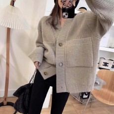 批发韩系V领毛衣开衫女中<b class='q'>长款</b>秋冬季新款粗线针织外套宽松慵懒风