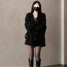 批发黑色显瘦毛衣<b class='q'>外套</b>新款秋冬春秋宽松慵懒复古上衣爆款大码针织开衫