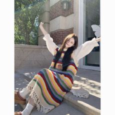 批发秋季流行风格多巴胺彩色针织条纹背心<b class='q'>连衣</b>裙女2026新款流苏A字裙