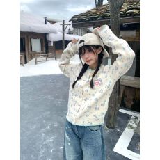 批发美式拼接小狗<b class='q'>碎花</b>满印撞色长袖针织衫女早秋修身设计感百搭上衣潮