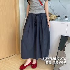 批发藏青色工装裙女2025新款韩版夏季高腰a字长裙南瓜裙山本半身裙子