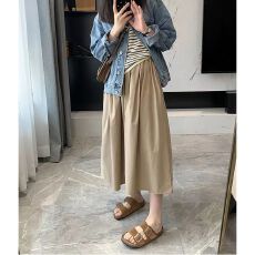 批发中长款半身裙女夏季新款百搭高腰显瘦ins超火的卡其色A字伞裙子潮