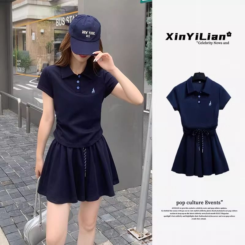 MY13303# BY9127#大码时尚休闲短裤裙套装女夏夏季洋气减龄polo衫短袖两件套