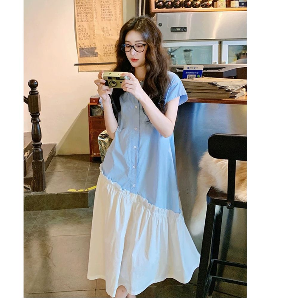 MY11836# 超好看拼接连衣裙夏季2025韩系新款设计感小众清新甜美百搭衬衫裙