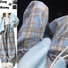 批发藏青色毛呢格子裤子女秋<b class='q'>冬</b>2025新款高腰垂感阔腿裤春秋休闲裤