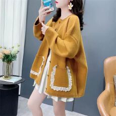 批发法式甜美蕾丝边针织开衫外套女秋季<b class='q'>大码</b>胖mm显瘦宽松遮肚百搭毛衣