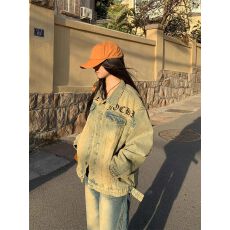 批发美式复古黄泥染哥特字母牛仔外套<b class='q'>秋</b>冬款宽松设计感小众夹克