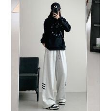 批发美式高街白灰色抽绳束脚裤子女春秋新款条杠拼接休闲运动卫裤女