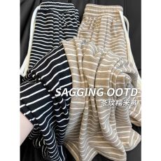 批发奶茶色条纹糯米裤女款2025春秋高腰垂感遛弯裤休闲宽松慵懒阔腿裤