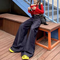 批发丹宁蓝窄版阔腿牛仔裤女春秋2025年新款高腰宽松直筒<b class='q'>女裤</b>春季长裤