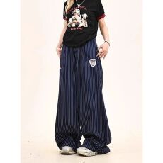 批发美式复古街头徽章条纹休闲裤子男女春秋潮牌宽松bf<b class='q'>风</b>痞帅阔腿长裤